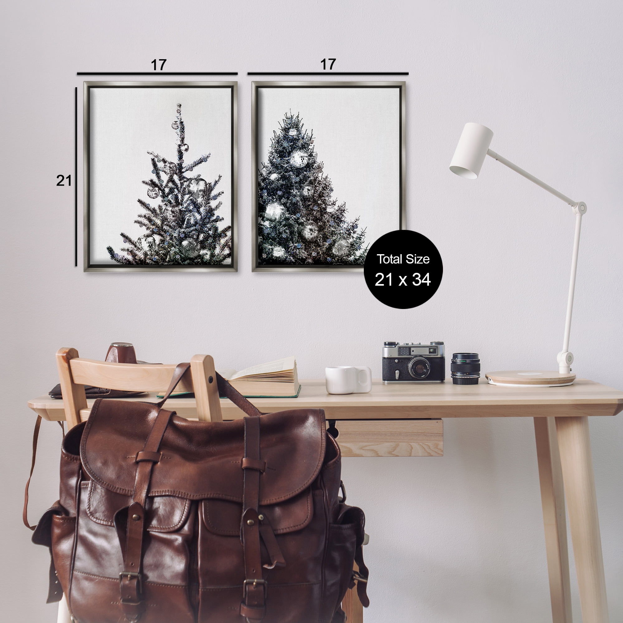 Stupell Industries Disco Ball Christmas Tree Holiday Photography Gray Floater Framed Canvas Art Print Wall Art, 17 x 21, Set of 2