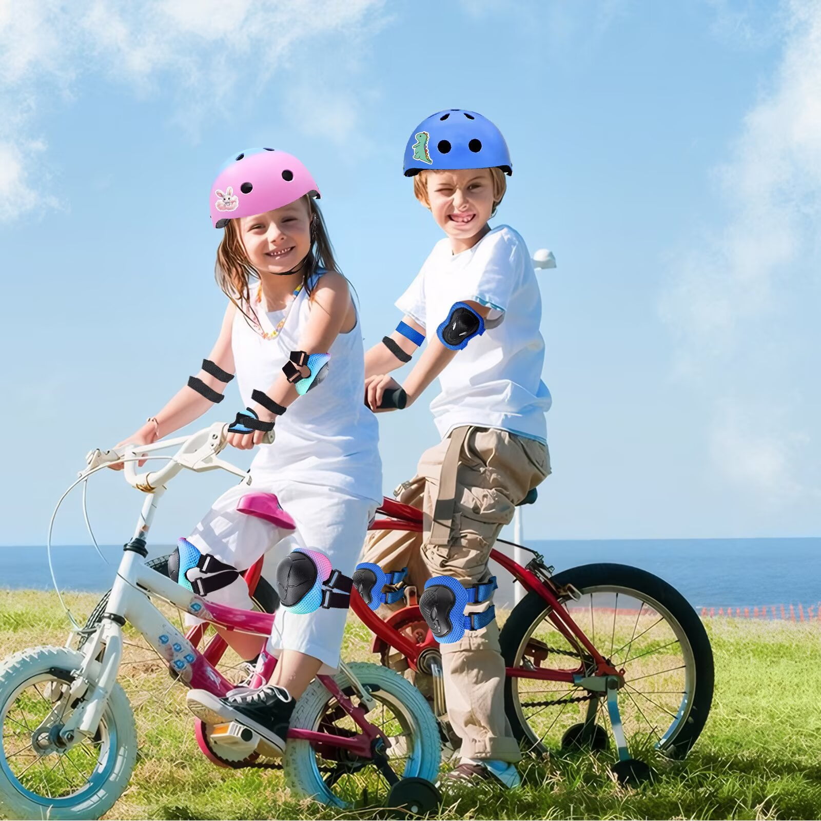 Yiomxhi Adjustable Kids Bike Helmet Set with Knee Elbow and Wrist Pads, Toddler Skateboard Helmet for Ages 3-5-8-14 Boys Girls, Protective Gear Set for Youth, for Scooters Rollerskates