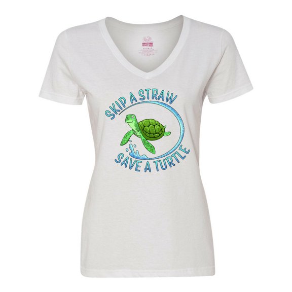 Inktastic Skip a Straw Save a Turtle with Cute Green Sea Turtle Women's V-Neck T-Shirt