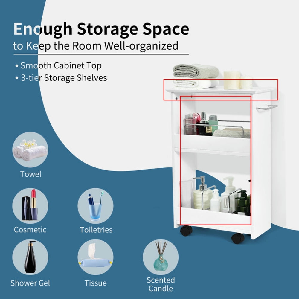 Finihen Storage Cabinet, Floor Cabinet, Slim Rolling 3-Tier Bathroom Mobile Shelving Cabinet wih Handle, for Bathroom, Living Room, Bedroom, Kitchen, White