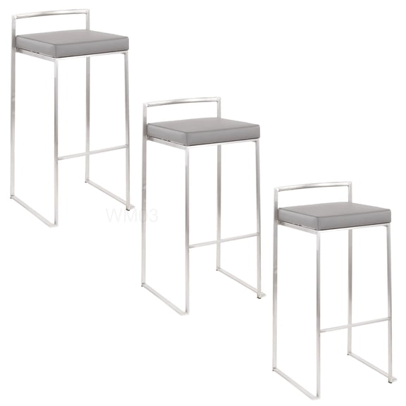 Modern Stackable Bar Stools Set of 3 with Grey Cushion, Stainless Steel Frame for Kitchen Island