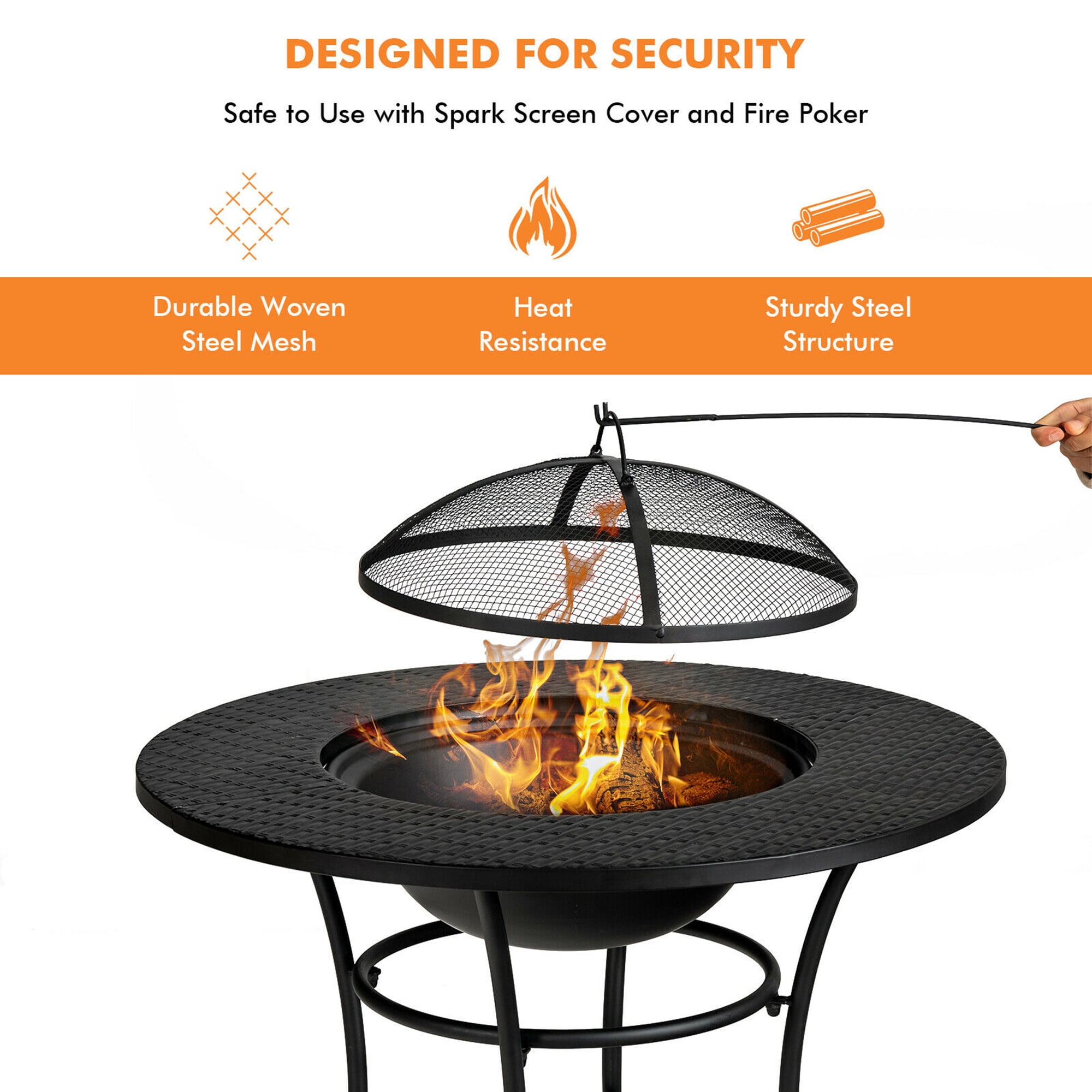 Gymax Fashion 31.5'' Patio Fire Pit Dining Table Charcoal Wood Burning W/ Cooking BBQ Grate