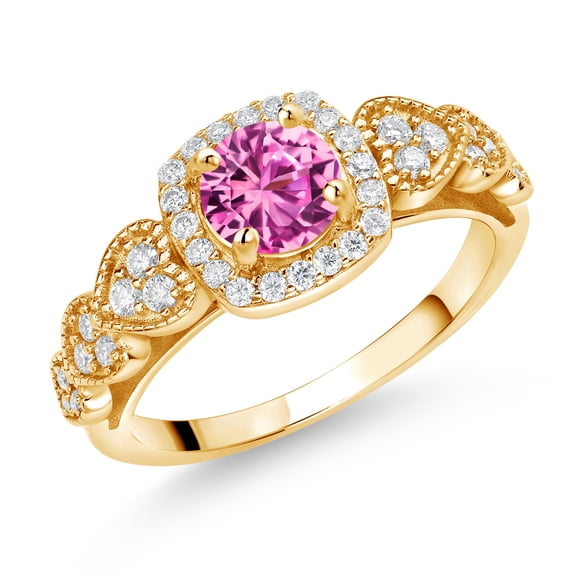 Gem Stone King 18K Yellow Gold Plated Silver Pink Created Sapphire and White Moissanite Engagement Ring for Women (1.38 Cttw, Round 6MM, Gemstone September Birthstone, Size 9)