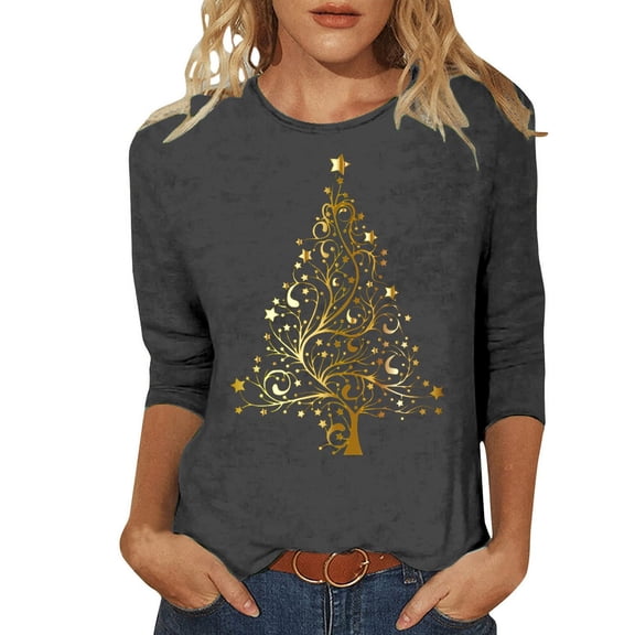 Plus Size Summer Clothes for Women Christmas Tree 3/ 4 Length Sleeve Round Neck Tshirts Tops Womens Size Small Shirt Athletic Long Sleeve Shirt Long Sleep Utility Short underneath Grey 3XL