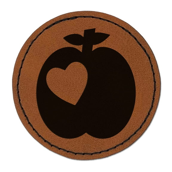Apple with Heart 2.5" Faux Leather Round Engraved Iron-On Patch - Brown