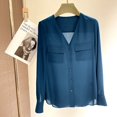 thumbnail image 4 of Camisa de oficina de alta calidad para mujer, otoño 2022, seda auténtica, 00%, cuello en V, bolsillos decorativos, camisas de manga larga, 4 of 5