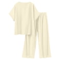 thumbnail image 4 of ibuvkizy Women's 2 Piece Casual Outfit Set V Neck Button Front Short Sleeve Tops with Lace Trim & Elastic Waist Cropped Wide Leg Pants with Pockets,Lightweight Linen Blend Summer Matching Suit, 4 of 9