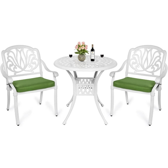 MEETWARM 3 Piece Patio Bistro Set, Outdoor All-Weather Cast Aluminum Dining Furniture Set Includes 2 Chairs and a 31” Round Table with Umbrella Hole for Garden Deck, White