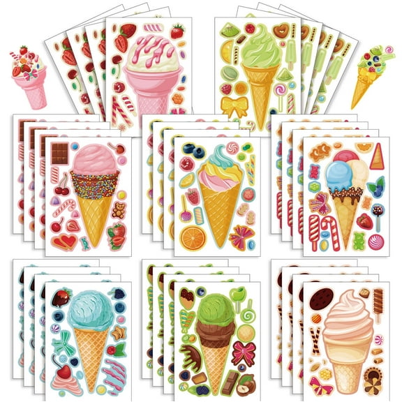 Papapt 16 Sheets Make Your Own Ice Cream Stickers for Kids Toddlers, Dessert Stickers Make-a-face Stickers for Kids Party Favors, Summer Theme Ice Cream Sticker for Hawaii Tropical Party Decoration