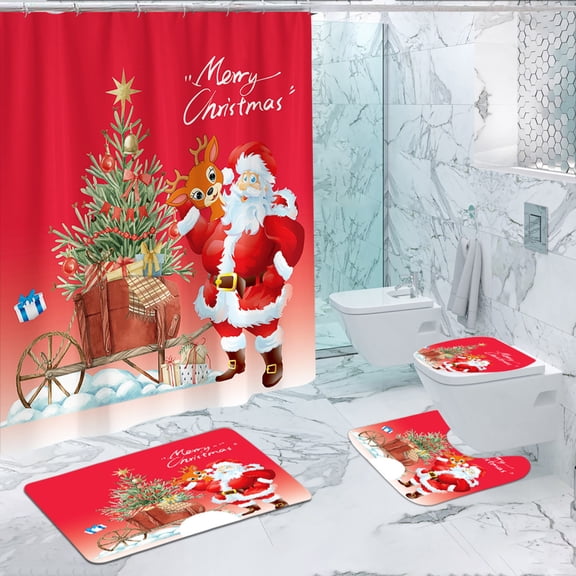 LmnLft Christmas Bathroom Decor Set, 4-Piece Shower Curtain with Snowman Plaid Tree Design, Waterproof Polyester Curtain and Absorbent Mat for Winter Home Decoration