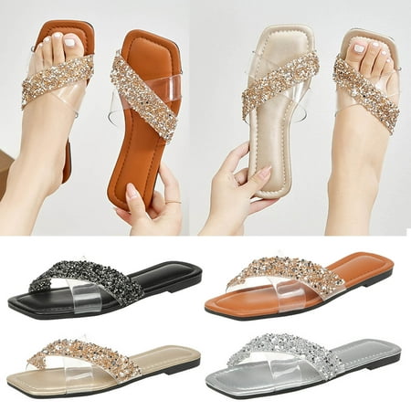 

Cethrio Sandals for Women Flats Shoes- with Pockets Flat with Rhinestone Comfy Soles Wide Width on Clearance Black Dressy Sandals/ Slides Size 6.5