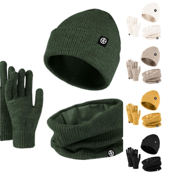 XIAOCHA Mens Minimal‑Patch Rib‑Knit Beanie Solid Outdoor Hiking Neck‑Gaiter Fall Winter Knit‑Gloves,Army Green