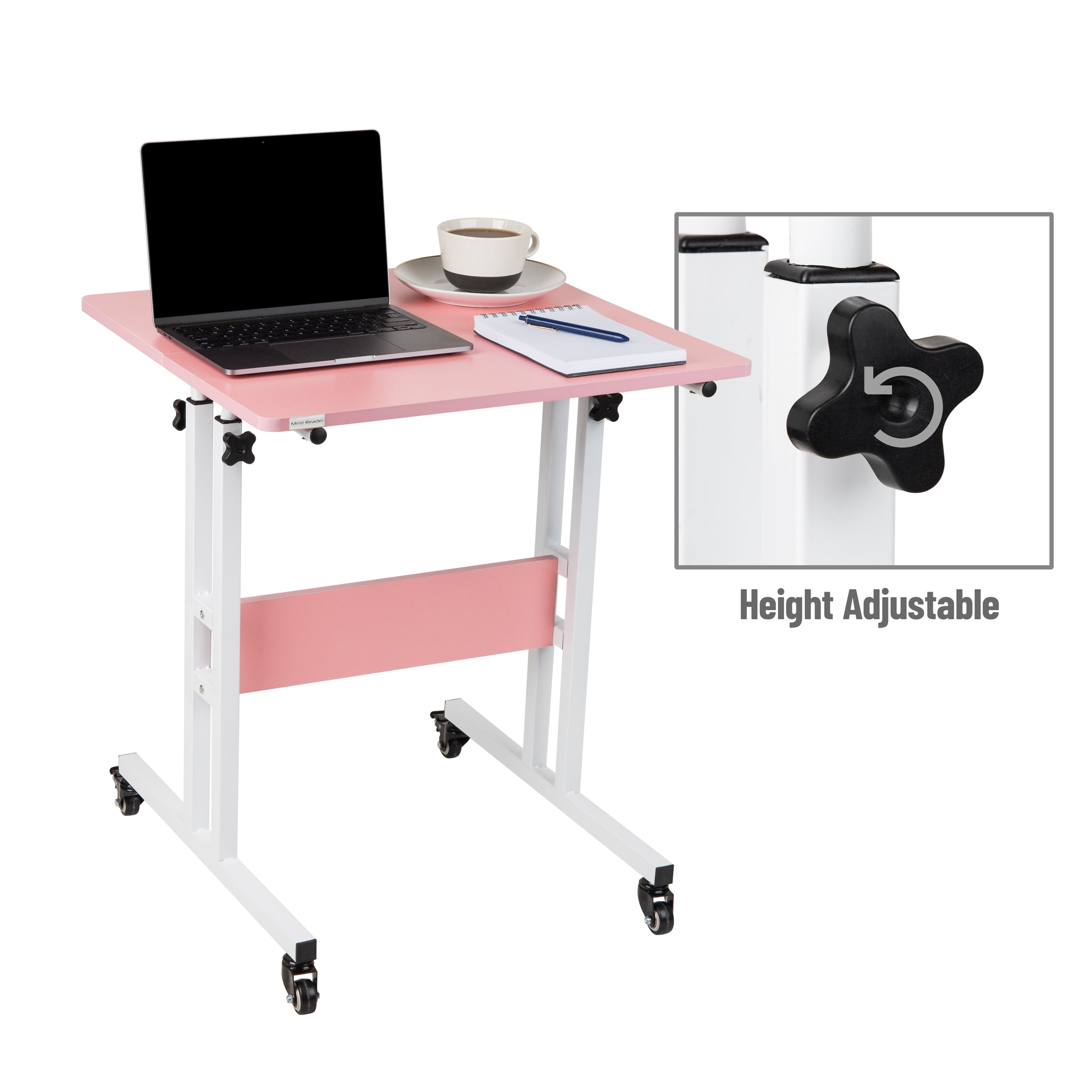 Mind Reader Standing Desk with Side Storage and Locking Wheels, Pink Finish