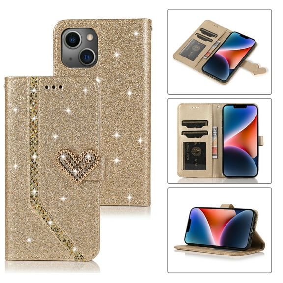 SaniMore for iPhone 14 6.1" Magnetic Glitter Love Flip Wallet Case with Card Slot & Kickstand, Premium PU Leather Case with Wrist Strap Shockproof Protective Case for Women Ladies Girls, Gold