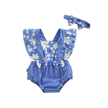 

Suanret Newborn Infants Girl Romper Outfits Fly Sleeve Flower Pattern Elastic Waist Bodysuit Cute Bow-Knot Headband Set Purple 12-18 Months