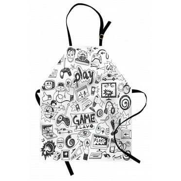 Video Games Apron Monochrome Sketch Style Gaming Design Racing Monitor Device Gadget Teen 90's, Unisex Kitchen Bib Apron with Adjustable Neck for Cooking Baking Gardening, Black White, by Ambesonne