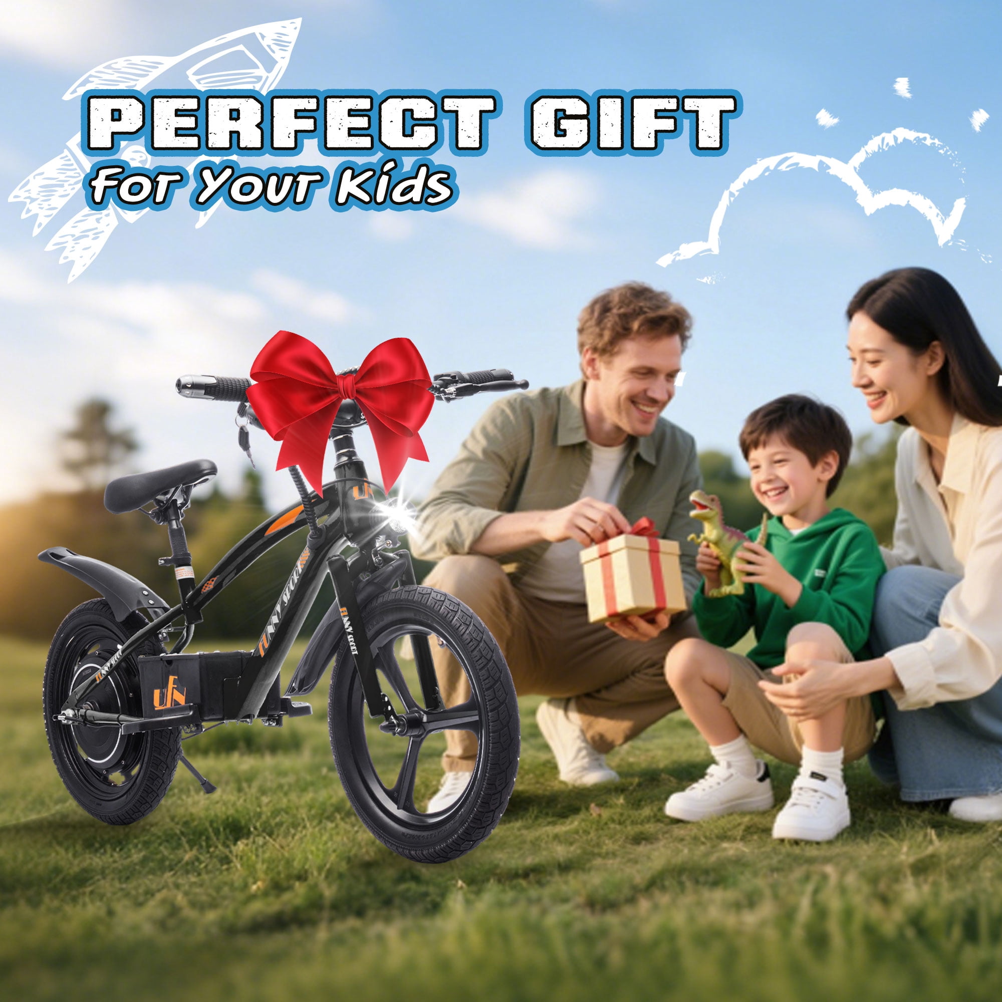 Track Seven 24V Kids Electric Dirt Bike, Ride on Mini Bike, 300W Super Power Motor, Up to 12.43 MPH, 16" Wheels, Adjustable Seat Height, Bright Headlight, Hand-Operated Brakes for Ages 5+, Black