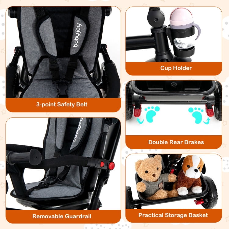 Spaco 4-in-1 Baby Tricycle Toddler Trike with Convertible Seat-Gray, Compact Stroller for Infant & Toddler
