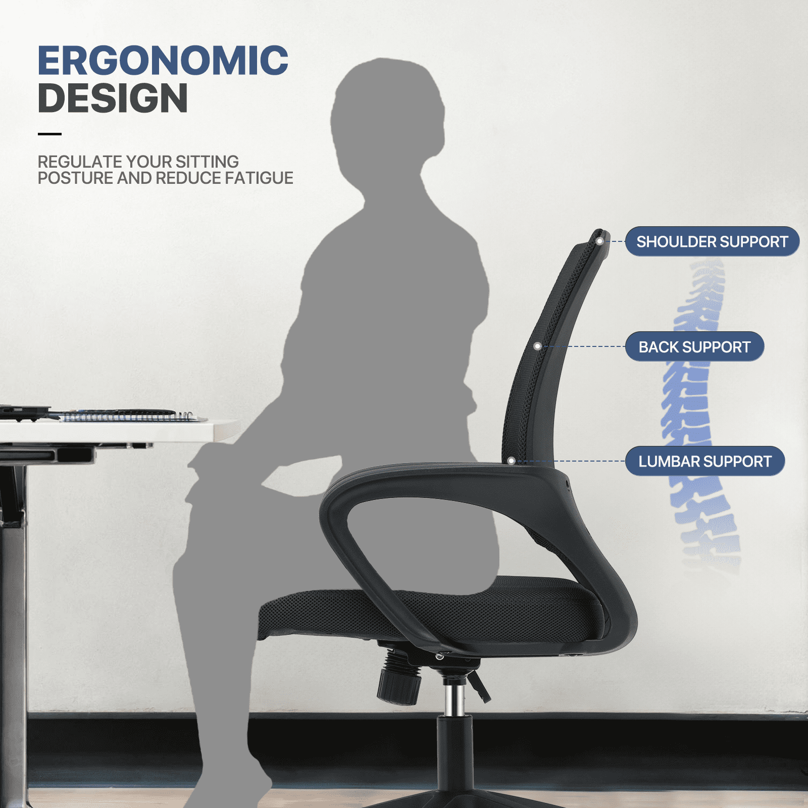 MoNiBloom Office Chair Mid Back Swivel Lumbar Support Desk Chair, Height Adjustable Ergonomic Mesh Computer Chair with Armrest, Black