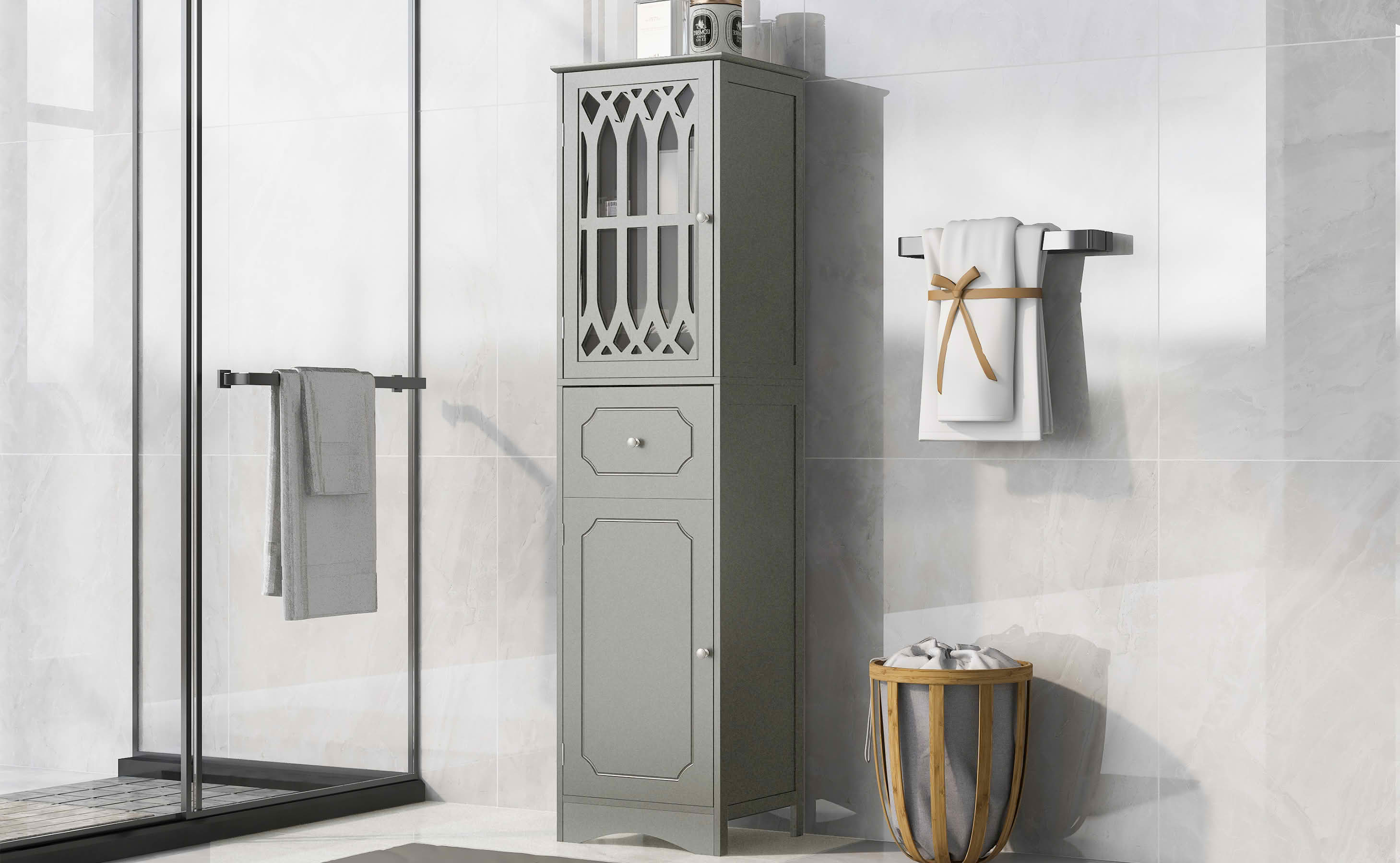 MAYEERTY Tall Bathroom Cabinet Freestanding Storage Drawer Doors MDF Acrylic Door Adjustable Shelf Gray
