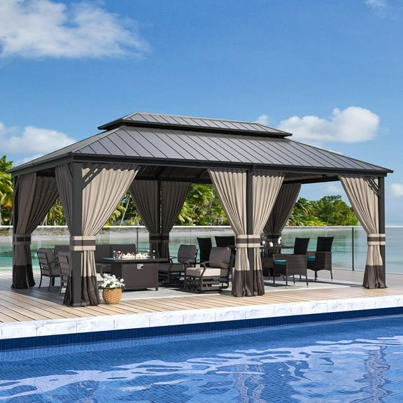 Kullavik 12'x20' Hardtop Gazebo, Outdoor Double Roof Canopy with Netting and Curtains, Galvanized Metal Frame, Sunshade for Patio, Backyard, Deck and Lawns-Sand