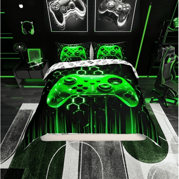 Erosebridal Video Game Theme Duvet Cover Twin, Gradient Green Gamepad Bedding Sets Twin Size, Neon Green Light Bedroom Decor, Reversible 2pcs (No Comforter)