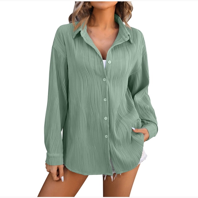 Pisexur Womens Tops Fashion Solid Color Ribbed Long Sleeve Shirts for Women Turndown Collar Button Down Shirts Casual Dressy Going Out Tops Comfort Versatile Basic Blouses