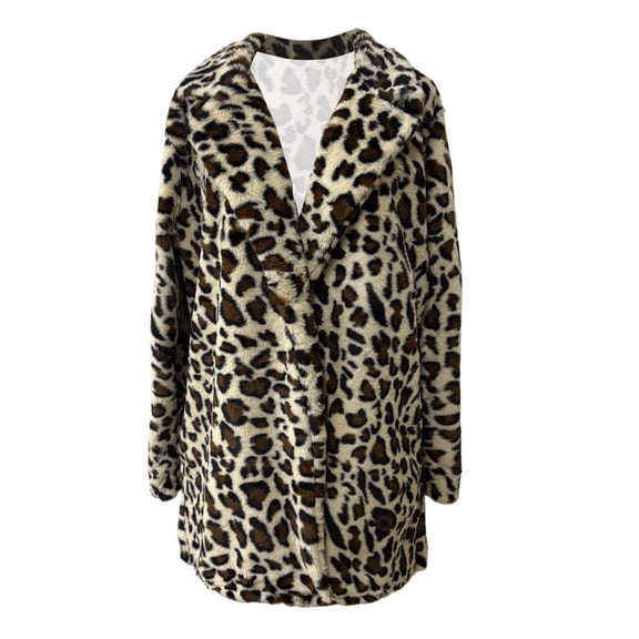 DHFJKG Winter Coats For Women Plush Leopard Open Front Mediun Length Lapel Loose Fit Coat Autumn Winter Trendy Outerwear