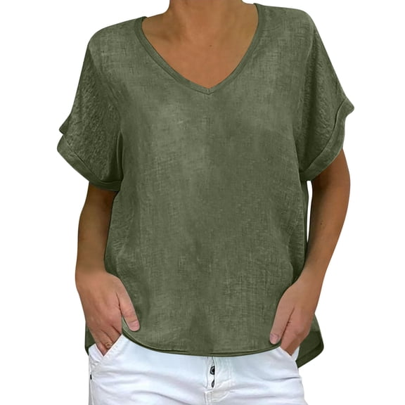 Summer Oversize Shirts for Womens Fashion V-Neck Short Sleeve Loose Solid Color T Shirt Tunic Shirt Imitation Of Cotton And Linen Blouse