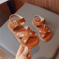 thumbnail image 2 of GiLiling Girls Open-Toe Sandals, Floral Embroidery Adjustable Buckle Ankle Strap, PU Upper Non-Slip TPR Flat Sole, Summer Casual Sandals (Brown, 10-10.5 Years), 2 of 9