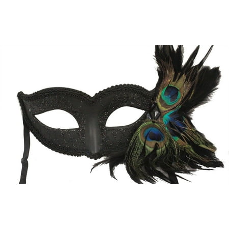 BLACK MASQUERADE MASK - Venetian - PEACOCK FEATHERS