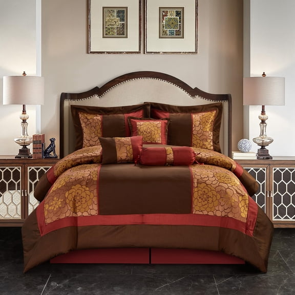 Nanshing Sibyl 7 Piece Luxury Floral Bedding Comforter Set, Red/Brown, Queen