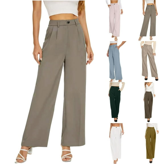 CFLVAEK Dressy Casual Pants for Women Loose Fit Straight Wide Leg Trousers with Pockets Comfy Button Elastic Waist Slacks for Office Work Brown XL