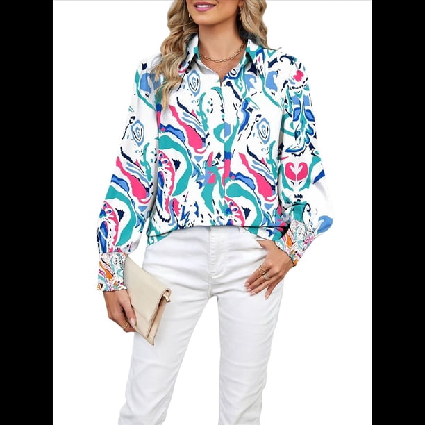 Blusas Bohemias con Cuello en V y Mangas Farol para Mujer 2025 Azul y Verde XXL