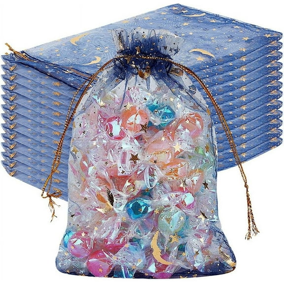 50Pcs Moon Star Organza Bags Bulk 4 x 6 Inch Marine Blue Small Sheer Mesh Drawstring Pouches Party Favor Candy Gift Jewelry Pouch