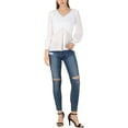 thumbnail image 3 of INSPIRE CHIC Women's Ruffled Long Puff Sleeves Blouses V Neck Solid Color Semi Sheer Tops M White, 3 of 7