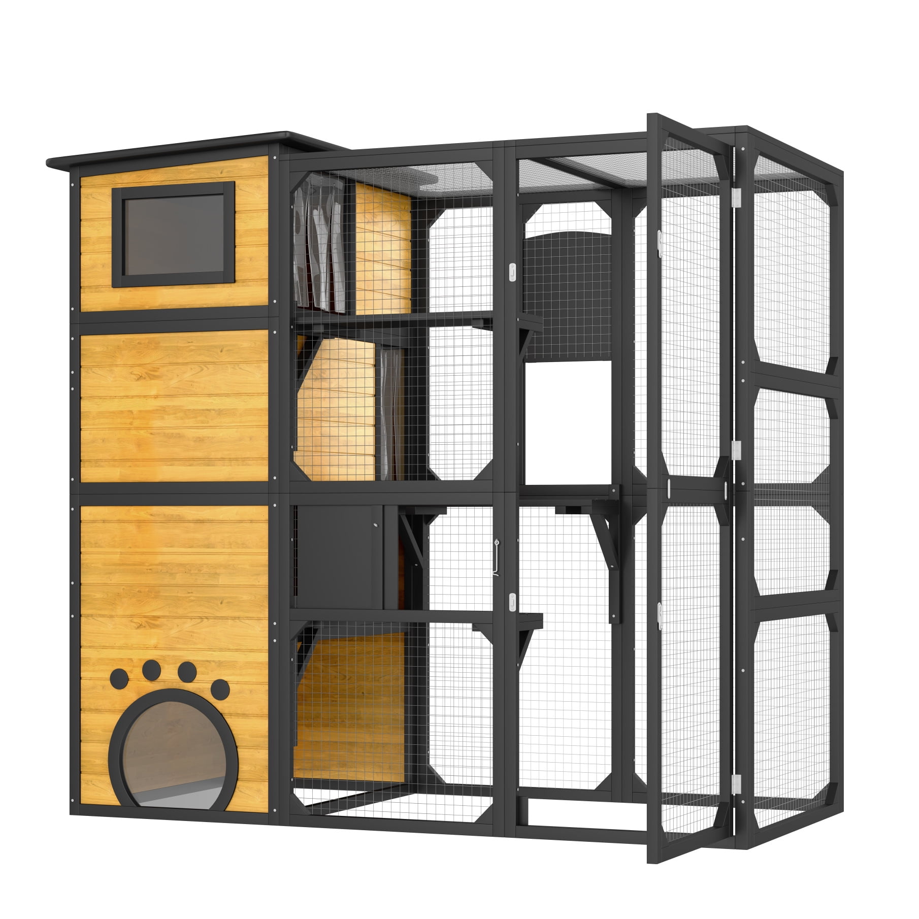 Outdoor 4 Tiers Cat Enclosures, Large Cat Catio House with Weatherproof Roof, Walk in Cat Cage with Insulated Warm Cabin, Window, 3 Platforms and 2 Sliding Doors, 77"H