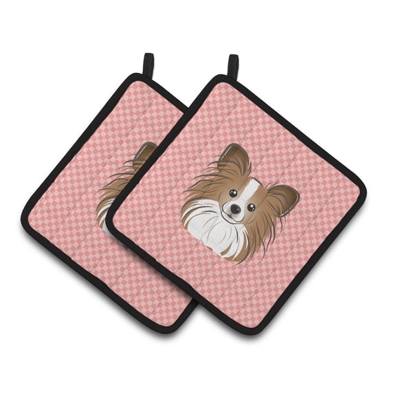 Carolines Treasures BB1248PTHD Checkerboard Pink Papillon Pair of Pot Holders , 7.5HX7.5W, multicolor