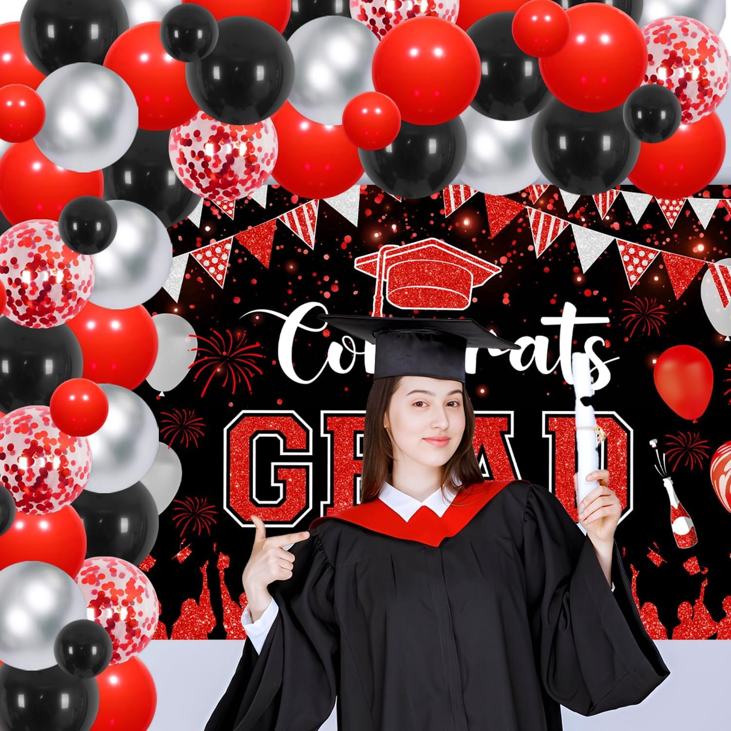 Congnats Grad Theme Party Decorations, Red and Black Graduation Party Decorations 2024 with Red Black Balloon Arch Garland kit, Graduation theme backdrop for Graduation Decor Birthday Anniversary