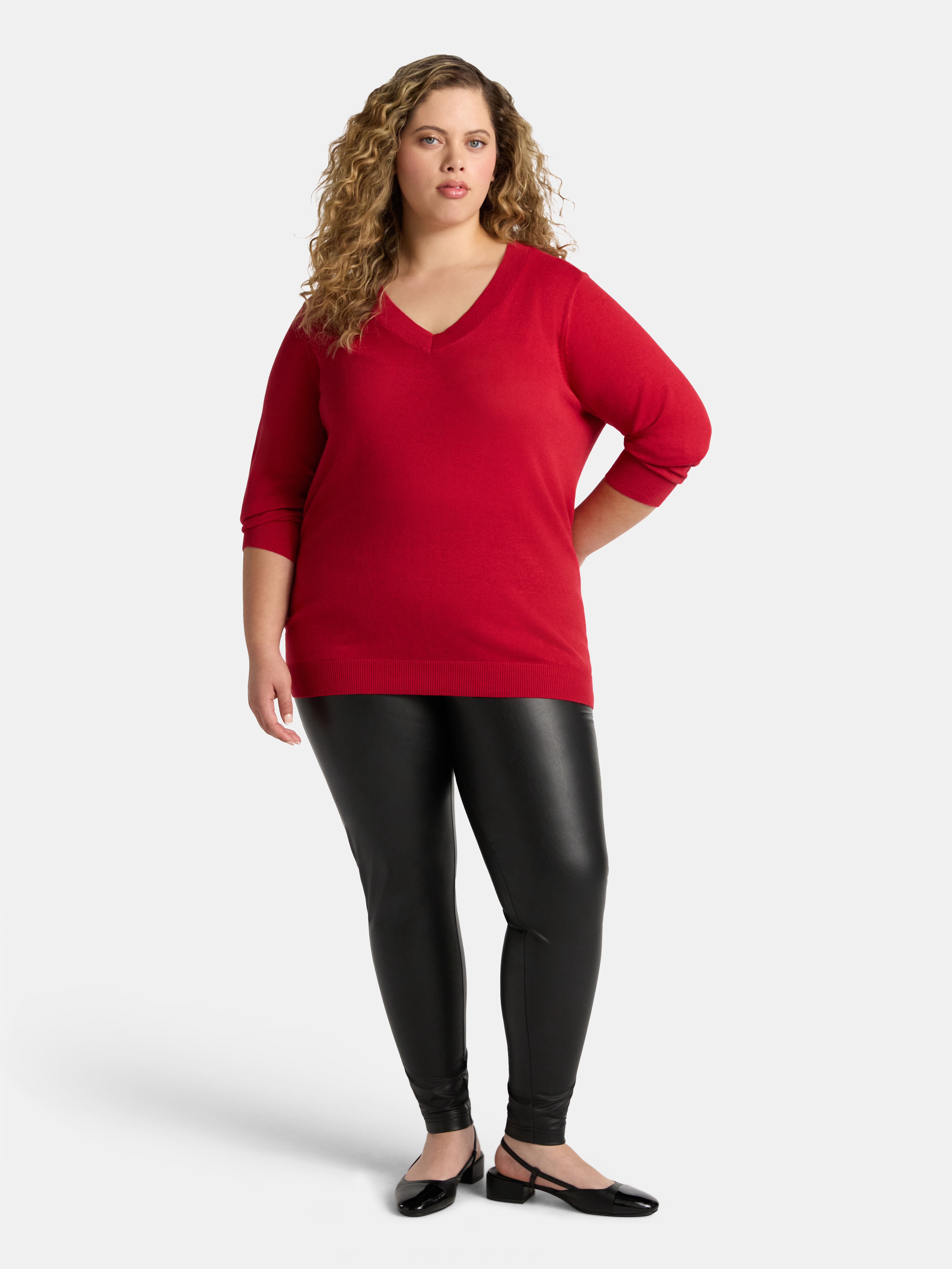Terra & Sky Women's Plus V-Neck Fine Gauge Pullover Sweater, Lightweight, Sizes 0X-5X
