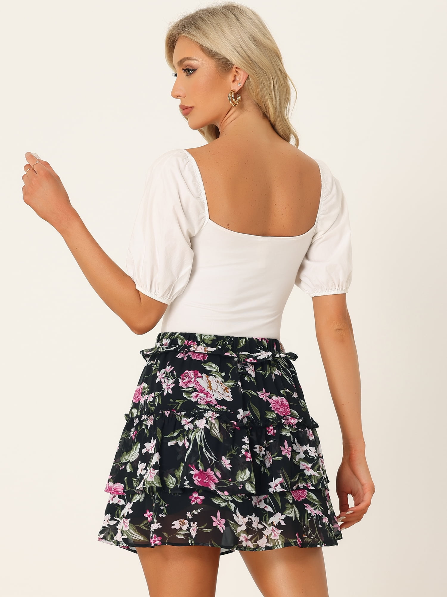 DARING DIVA Women's Elastic Waist A-Line Layered Ruffle Floral Mini Skirt XS Black Pink