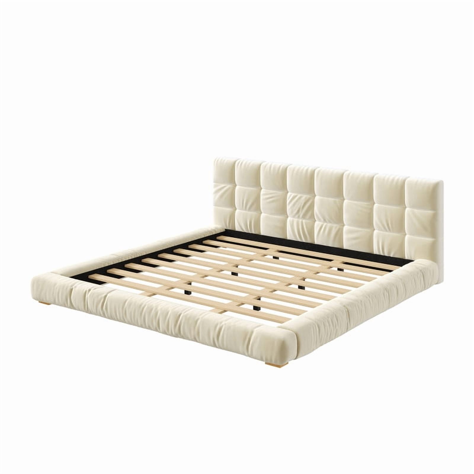 Velvet Queen/King Size Platform Bed Frame, Upholstered Floor Bed, Fully Wrapped Grounded Bed with Channel Tufted Headboard