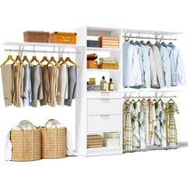 Closet System, 8FT Closet Organizer with 3 Wooden Drawers, Walk-in Closet Wardrobe Clothes Rack with 3 Expandable Hanging Rods, Garment Rack, White