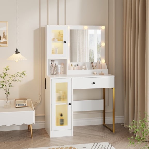 BouPower Vanity Desk with LED Lighted Mirror & Power Outlet,Makeup Vanity Table with Drawers,Glass Cabinets,Vanity Table,Vanity Desk for Bedroom,Bathroom