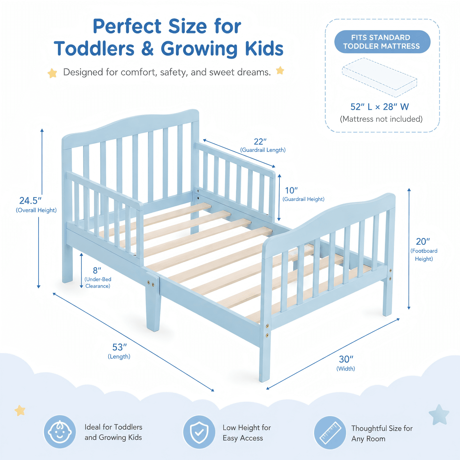 Zimtown Bed Frame, Wood Platform Bed, Classic Sleeping Bedroom Furniture w/Safety Rail Fence (Light Blue)