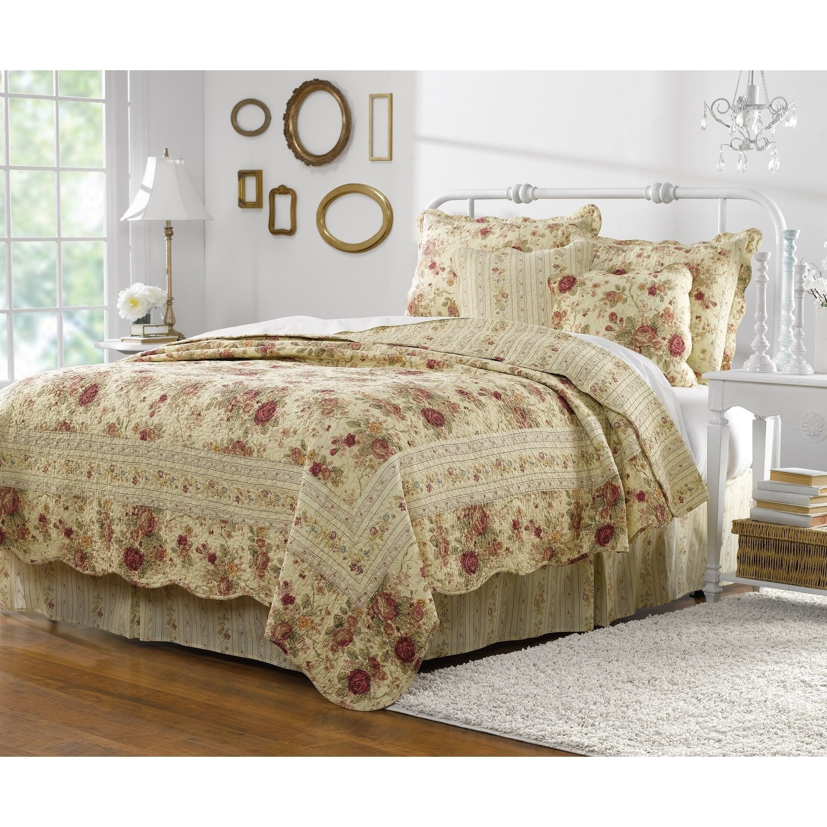 Coverlet Vintage Rose Floral 100%Cotton 3-Piece Reversible Quilt Set Bedspread 