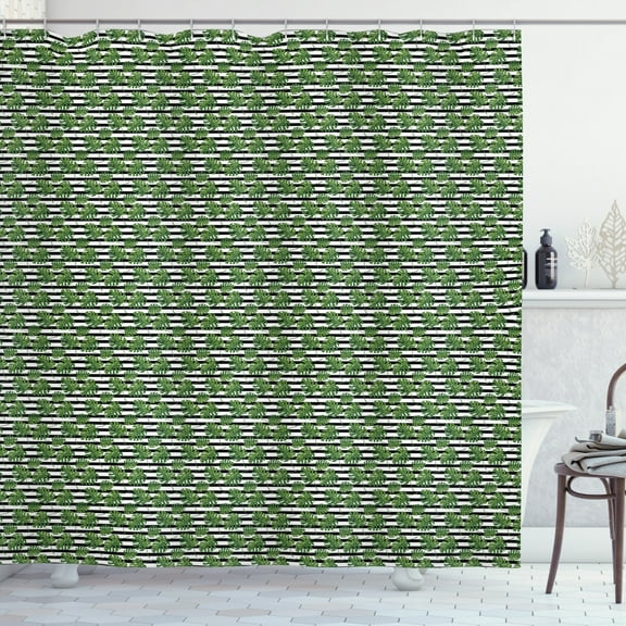 Philodendron Shower Curtain, Irregular Arrangement of Tropical Leaves on Horizontal Stripes, Fabric Bathroom Set with Hooks, 69W X 70L Inches, Green Charcoal Grey White, by Ambesonne