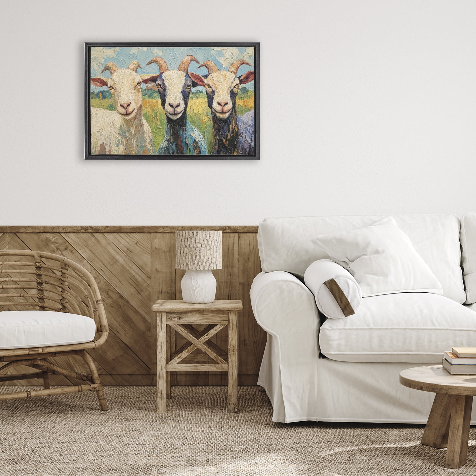 Stupell Industries Billy Goats in Bright Pasture Black Framed Floater Canvas Wall Art, design by Petal Prints Design