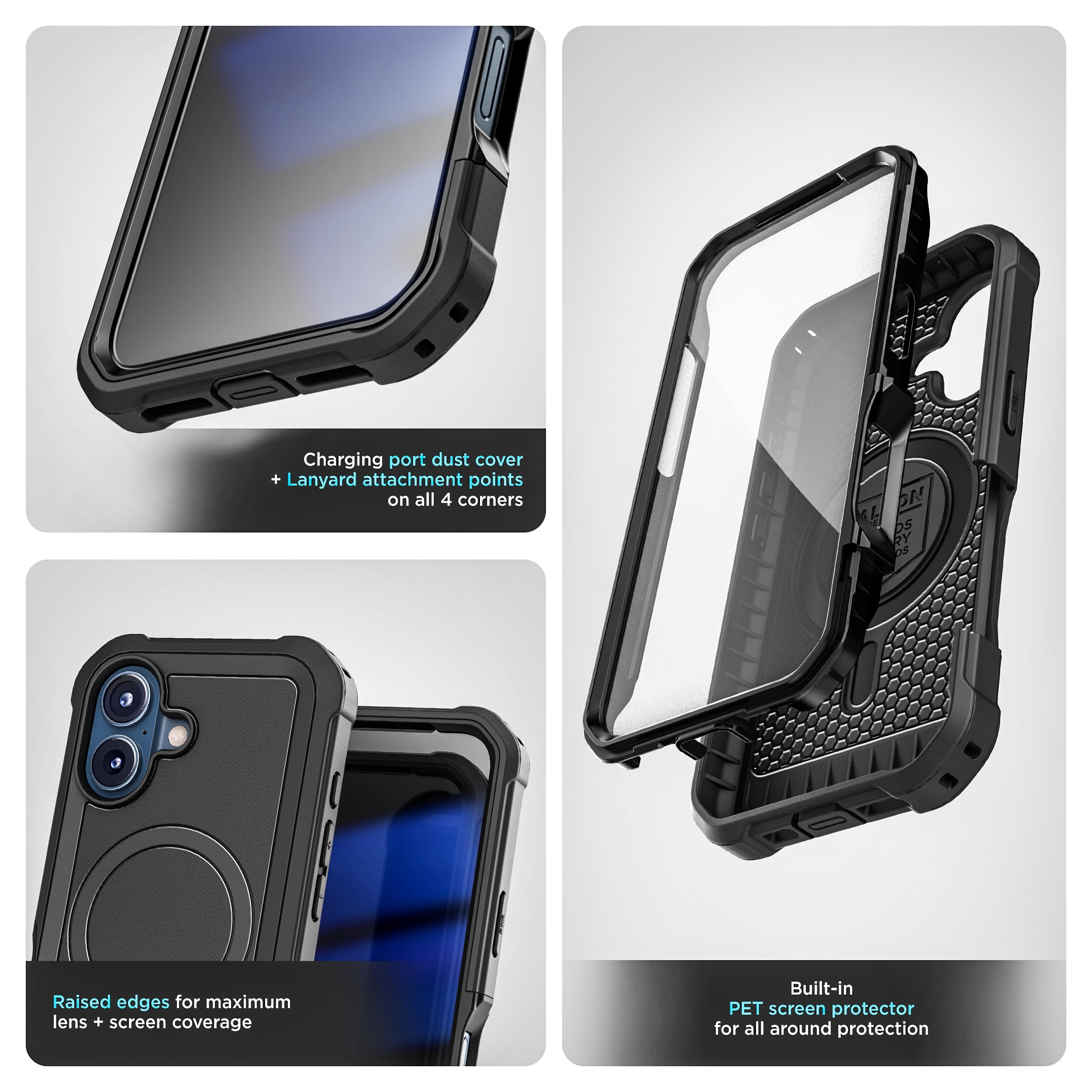 Encased for iPhone 17 Case with Belt Clip (Falcon Series) Full-Body Case with Built-in Screen Protector and Phone Holster (Compatible with MagSafe) Black