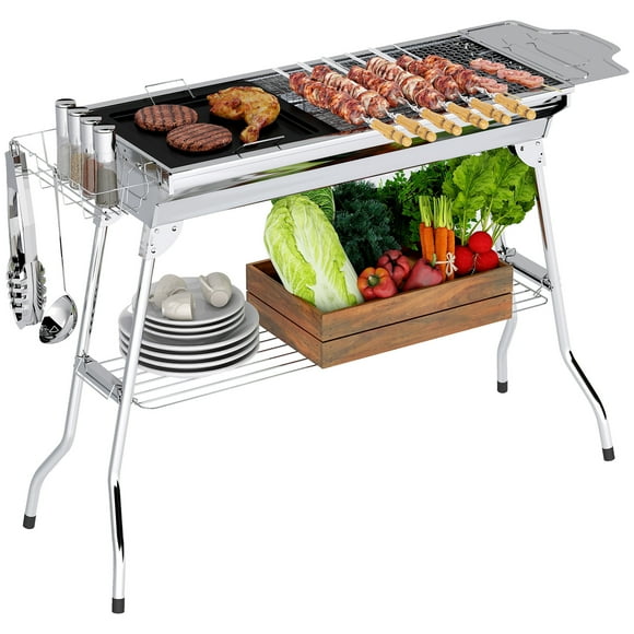 Outsunny Portable Charcoal Grill with Pan Storage Shelf Hooks for Cooking